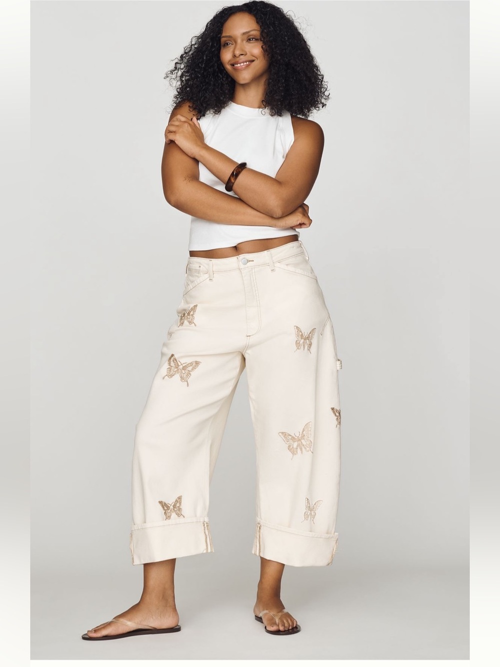 Anthropologie - Pilcro - Women’s Cream Wide-Leg Butterfly Embroidered Pants